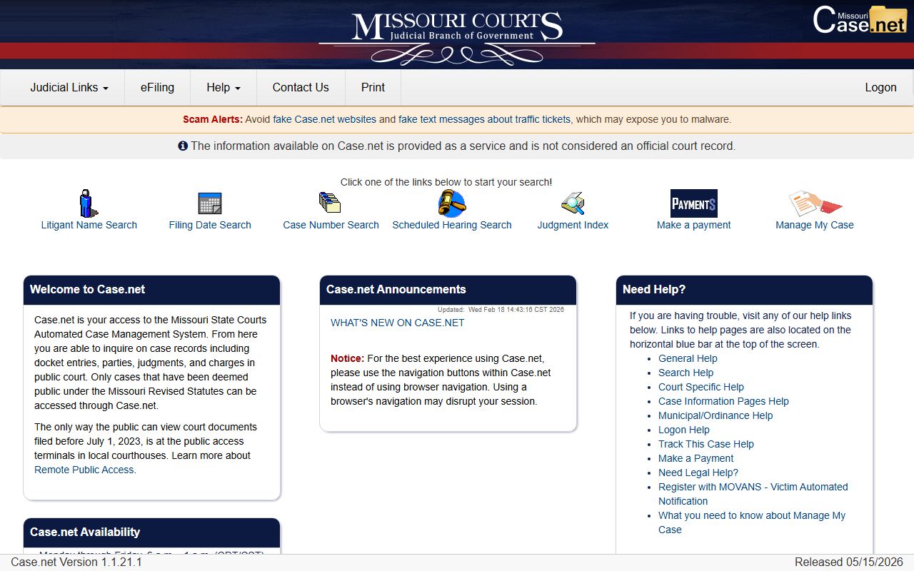 Missouri Case.net portal for Texas County court records after jail arrest